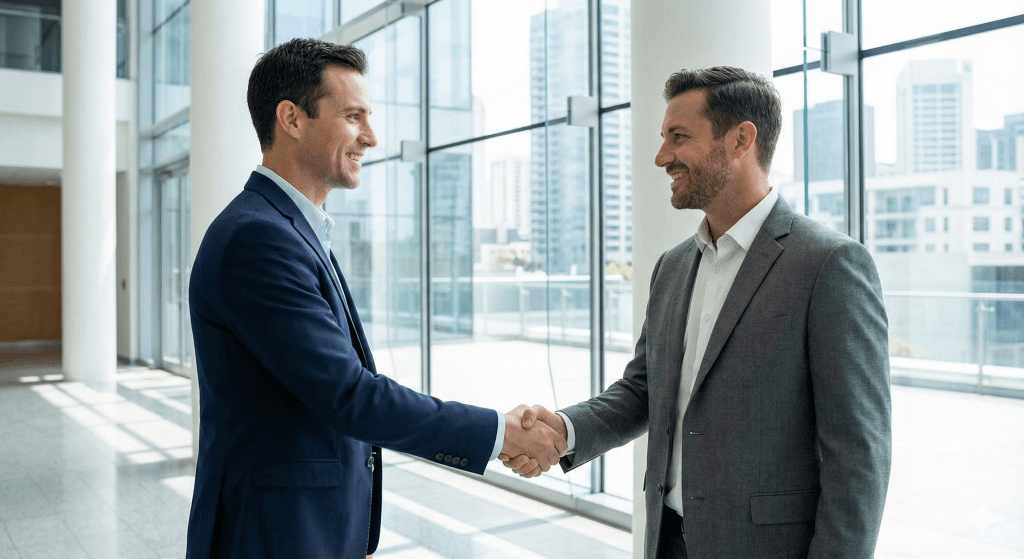 Two professionals shaking hands in a modern workspace